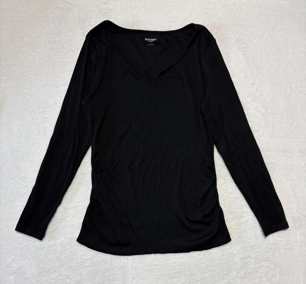 Old Navy Maternity Shirt Womens Large Black V-Neck Long Sleeve Ribbed Top